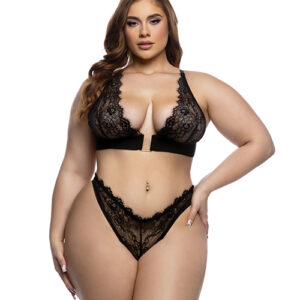 Fever Dream Chantilly Eyelash Lace and Stretch Satin Bralette w/Thong - Black 1X