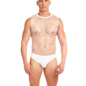 Rainbow Party Full Effect Large Mesh Unitard 2 pc Set w/Thong - White L/XL