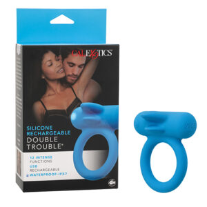 Couple's Enhancer Silicone Rechargeable Double Trouble Enhancer w/Flickering Dual Teasers - Blue