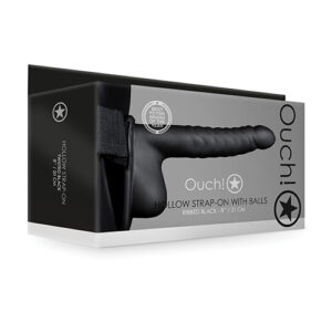 Shots Ouch 8" Ribbed Hollow Strap On w/Balls - Black