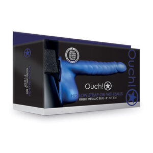 Shots Ouch 8" Ribbed Hollow Strap On w/Balls - Metallic Blue