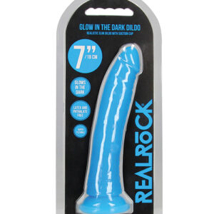 Shots RealRock 7" Slim Dildo Glow in the Dark - Neon Blue