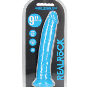 Shots RealRock 9" Slim Dildo Glow in the Dark - Neon Blue