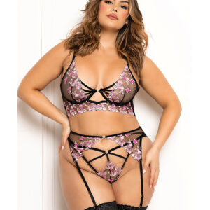 Floral Lace and Mesh Long Line Underwire Bra w/Garter & G-String - Black/Pink 1X/2X