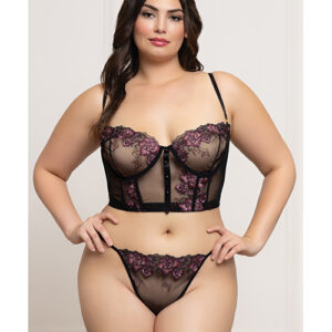 Floral Lace and Mesh Underwire Bustier w/Thong 2 pc Set - Black/Purple 1X/2X