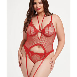 Stretch Mesh and Lace Cami w/Thong 2 pc Set - Red QN