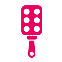 Illustration of a pink ice cream bar icon with dotted pattern on a blue striped background.