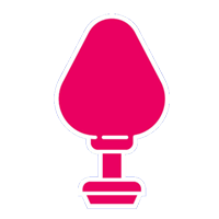 A stylized icon of a modern red lamp with a white base against a blue striped background.