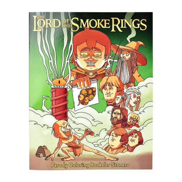 Colorful cover of a parody coloring book depicting humorous characters and themes inspired by a famous fantasy saga, aimed at adults.