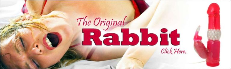 A woman expressing pleasure alongside a red rabbit vibrator.